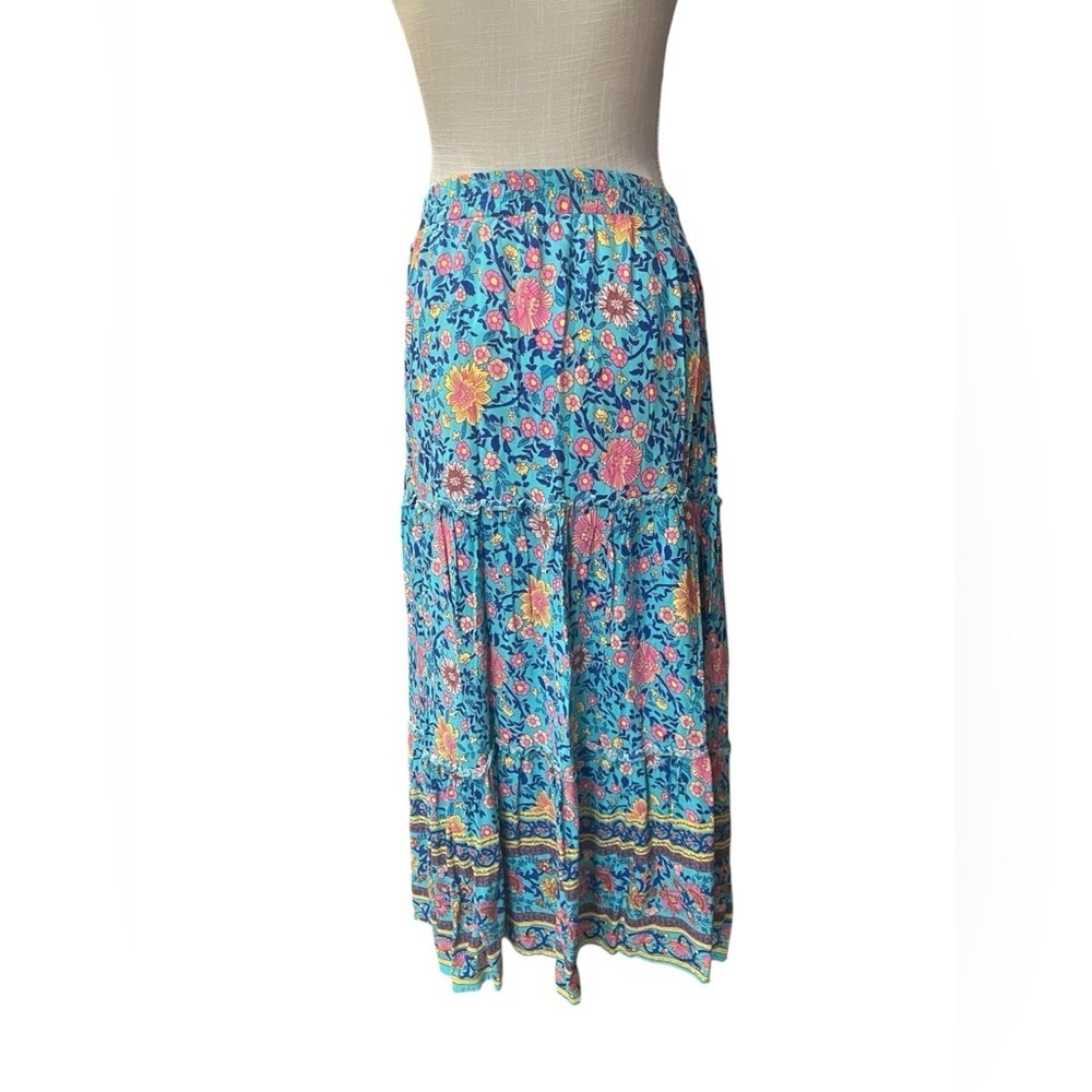 Hibluco Blue Multicolor Floral Midi A-Line Swing Skirt Women’s XL Boho Peasant